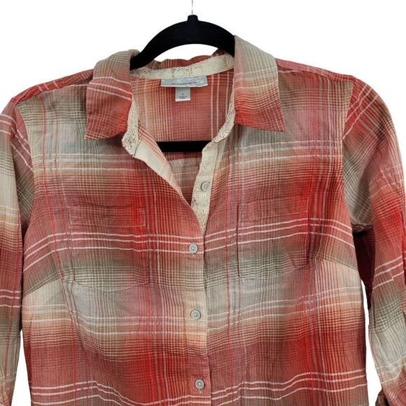 Dress Barn Lightweight Roll Tab Sleeve Blouse S Peach Coral Plaid Button India - Picture 8 of 15